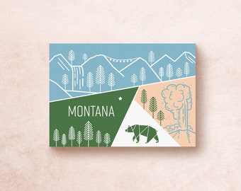 Montana Geometric Travel Postcard Print | 5x7 Travel Adventure | US State | Illustration Mountains Trees Geysers | Souvenir Gift Decor