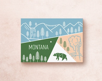 Montana Geometric Travel Postcard Print | 5x7 Travel Adventure | US State | Illustration Mountains Trees Geysers | Souvenir Gift Decor