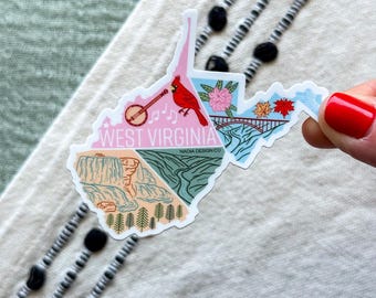 West Virginia Sticker | USA State Travel Souvenir Gift Appalachian Mountains Nature Waterfall Banjo Flowers Bridge River Birds