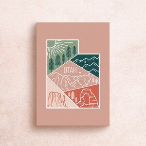 Carte postale de voyage dans l'Utah | Aventure illustrée géométrique Montagnes Parcs nationaux des Arches de Zion Canyonlands Nature | Décoration cadeau souvenir