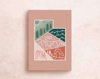 Carte postale de voyage dans l'Utah | Aventure illustrée géométrique Montagnes Parcs nationaux des Arches de Zion Canyonlands Nature | Décoration cadeau souvenir