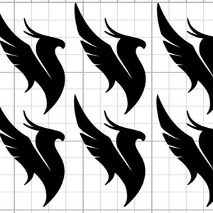 May include: A repeating pattern of six black stylized bird or mythical creature silhouettes with outstretched wings. The design is set against a white grid background, creating a symmetrical and graphic composition.