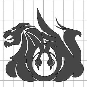 May include: A dark gray, stylized illustration of a mythical griffin creature with outstretched wings. The griffin has a lion's body and an eagle's head, with intricate details in the wings and body. The design is set against a grid background.