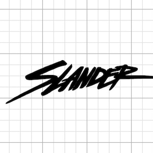 Peut inclure: Mot-symbole noir "SLANDER" dans une police de caractères en gras et inclinée. Le texte est centré sur un fond blanc avec un motif quadrillé. Le mot-symbole a une esthétique dynamique et moderne.