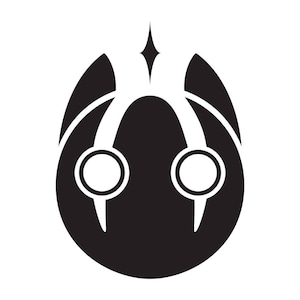 May include: A black and white graphic design featuring a stylized, symmetrical shape. The design includes a central oval with two circular elements and pointed details, connected by curved lines and a star-like element at the top. The overall aesthetic is modern and abstract.