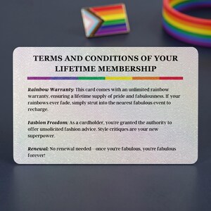 Back view of the 'GAY CARD' displaying 'TERMS AND CONDITIONS OF YOUR LIFETIME MEMBERSHIP' with humorous text about 'Rainbow Warranty' and 'Fasbion Freedom'.