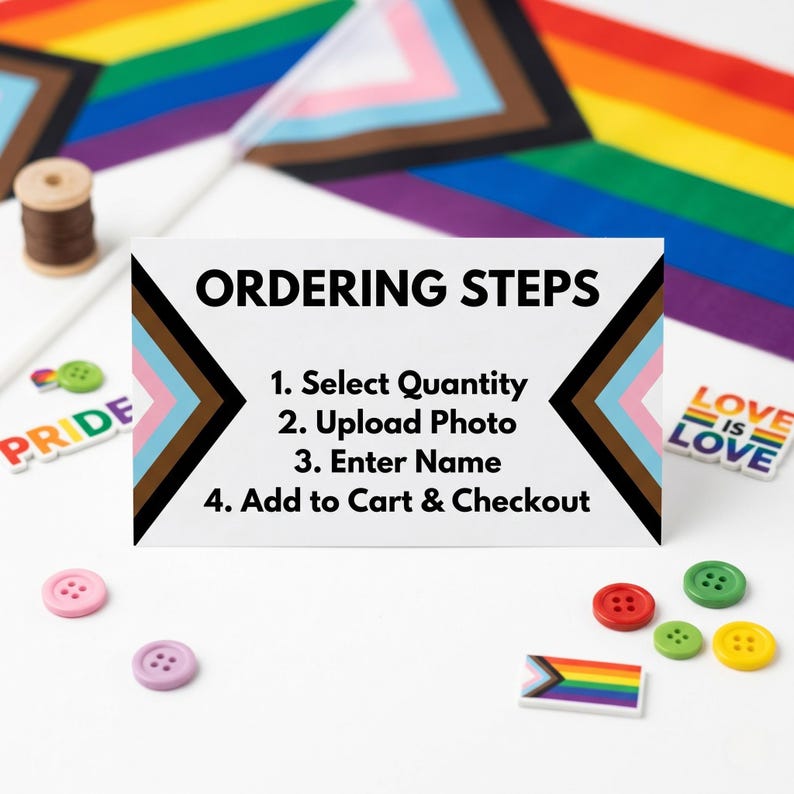 A white card titled 'ORDERING STEPS' with instructions to 'Select Quantity, Upload Photo, Enter Name, Add to Cart & Checkout' surrounded by small rainbow Pride flags and colorful buttons on a white surface.