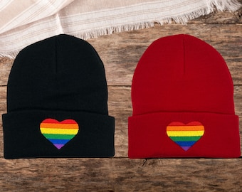 Pride Beanie Hat | Rainbow Heart Cap | Gay Pride Beanie | Queer Love Hat | Equality Headwear | Love is Love Cap