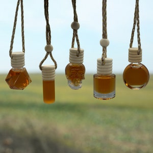 May include: Five glass bottles with brown liquid hanging from strings with wooden beads. The bottles are different shapes, including a skull, a diamond, and a circle.