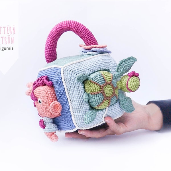 Animales marinos actividad cubo crochet patrón juguete sensorial amigurumi patrón cubo didáctico educativo Montessori juguete Waldorf animal marino juguete