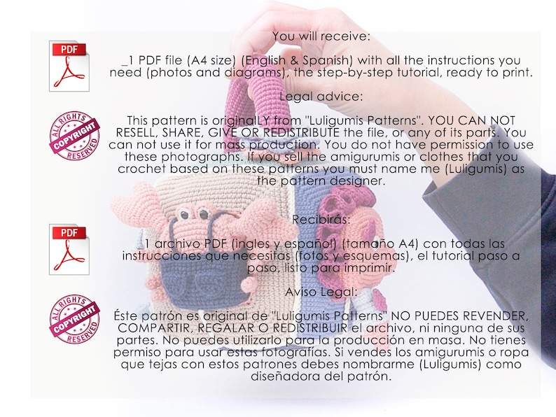 May include: A PDF pattern for crocheting a pink and blue amigurumi pig. The pattern includes instructions, photos, and diagrams. The text on the image reads "This pattern is originally from "Luligumis Patterns." YOU CAN NOT RESELL, SHARE, GIVE OR REDISTRIBUTE the file, or any of its parts. You can not use it for mass production. You do not have permission to use these photographs. If you sell the amigurumis or clothes that you crochet based on these patterns you must name me (Luligumis) as the pattern designer."