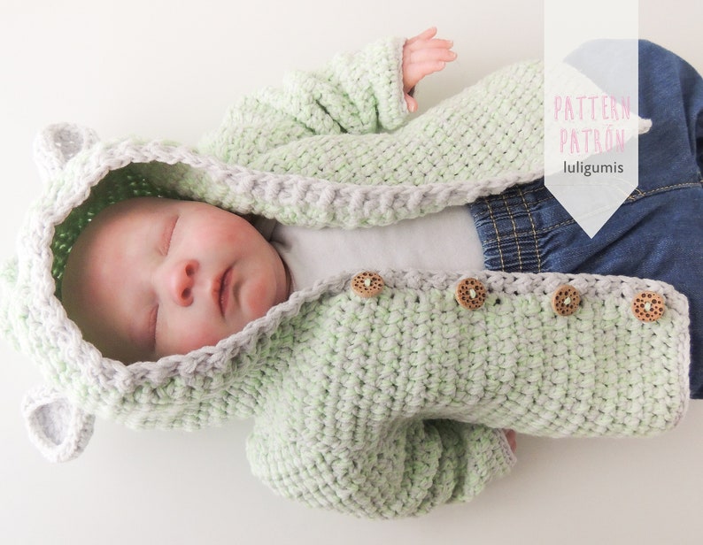 Bear ears baby crochet hoodie pattern, baby crochet hooded cardigan pattern, baby crochet jersey pattern, newborn cardigan crochet pattern image 2