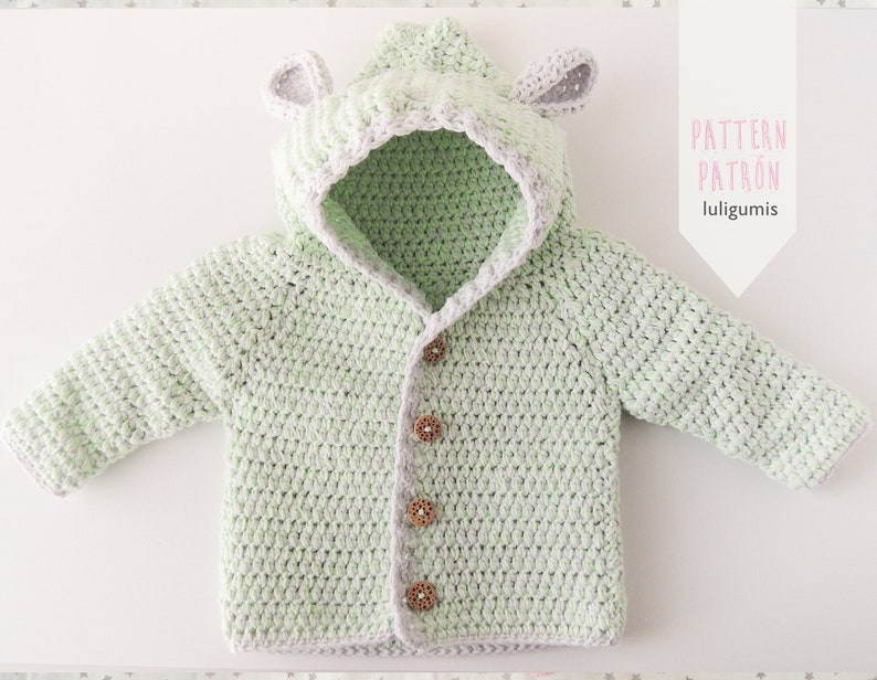 Bear ears baby crochet hoodie pattern, baby crochet hooded cardigan pattern, baby crochet jersey pattern, newborn cardigan crochet pattern image 1