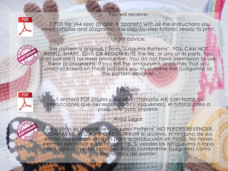 May include: A crochet pattern PDF with instructions in English and Spanish. The image shows a close-up of a crochet project with a deer-like design, featuring brown antlers and a colorful butterfly.