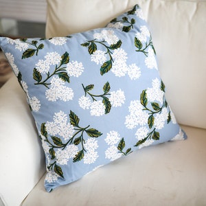Rifle Paper Co Blue Hydrangea Throw Pillow, Living Room Decor, Patio Furniture, Cotton Accent Pillows, Small Spaces, Mud Room, Home Decor