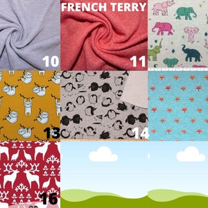 May include: A collage of fabric swatches with different patterns and colors. The swatches include a light gray, coral, light gray with elephants, mustard yellow with sloths, gray with penguins, light blue with foxes, red with reindeer, and a blue sky with green hills.
