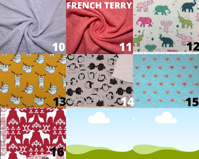 May include: A collage of fabric swatches with different patterns and colors. The swatches include a light gray, coral, light gray with elephants, mustard yellow with sloths, gray with penguins, light blue with foxes, red with reindeer, and a blue sky with green hills.