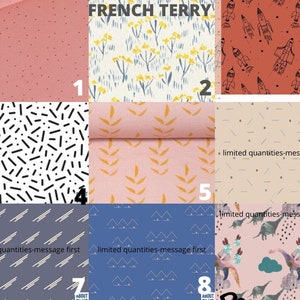 May include: Nine fabric swatches with different patterns. The swatches are labeled with numbers 1 through 9. The patterns include a pink solid, a white background with yellow flowers, a red background with rocket ships, a black and white geometric pattern, a pink background with yellow leaves, a beige background with a geometric pattern, a blue background with a geometric pattern, a blue background with a mountain pattern, and a pink background with dinosaurs.