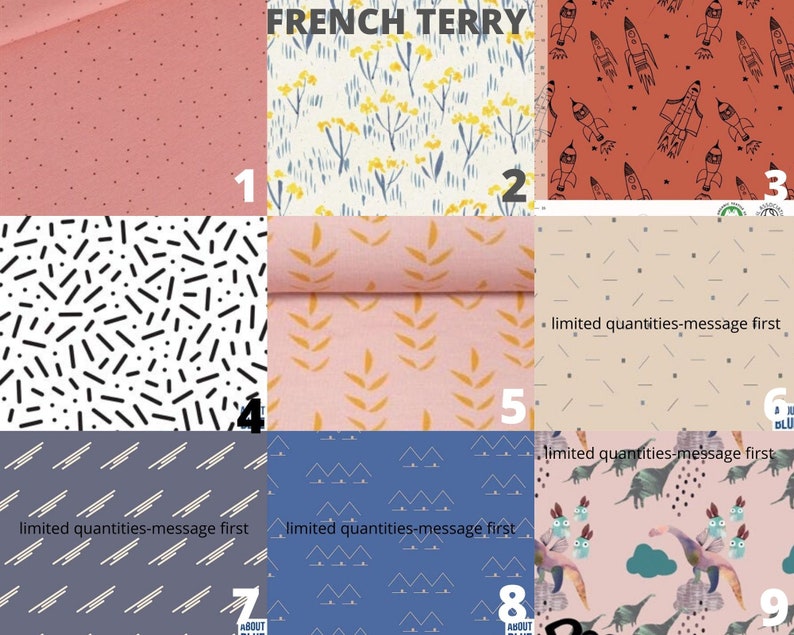 May include: Nine fabric swatches with different patterns. The swatches are labeled with numbers 1 through 9. The patterns include a pink solid, a white background with yellow flowers, a red background with rocket ships, a black and white geometric pattern, a pink background with yellow leaves, a beige background with a geometric pattern, a blue background with a geometric pattern, a blue background with a mountain pattern, and a pink background with dinosaurs.