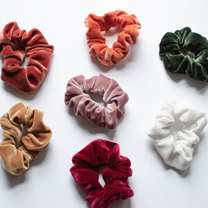 May include: Assortment of seven velvet scrunchies in various colors, including burgundy, pink, white, orange, brown, and green.