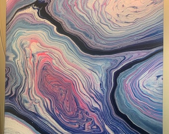 May include: Abstract painting with swirling patterns in shades of blue, purple, pink, and white. The painting has a layered, textured look, resembling a galaxy or a swirling nebula.