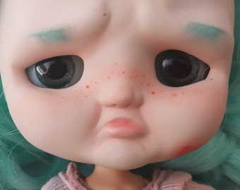 Grumpy Blythe Doll - Sculpted face - Custom middie Blythe - ooak