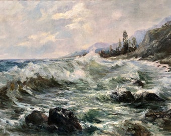 painting decor art Marine landscape stormy sea collectible impressionism blue basov