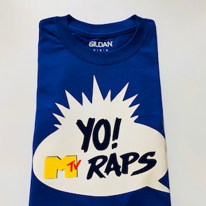yo mtv raps t shirt, blue t shirt, multi color t shirt, vintage t shirt