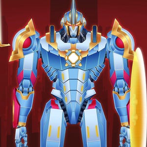 Pode incluir: Ilustração detalhada de um guerreiro robô azul e dourado segurando uma lança e um escudo dourados. O robô tem detalhes em vermelho e um design estilizado. O fundo é vermelho escuro com uma borda dourada, e o nome do artista está na parte inferior.