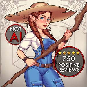 May include: Illustration of a woman with elf-like ears, wearing a straw hat, blue overalls, and a white shirt. She holds a wooden staff. The image includes the text "NOT AI" and "750 POSITIVE REVIEWS" in circular badges.