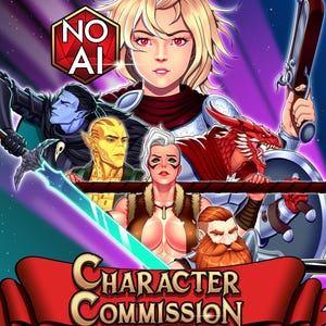 May include: Digital artwork depicting fantasy characters, including a woman with blonde hair and red eyes, holding a gun. Other characters include a blue-skinned figure, a yellow-skinned figure, and a red dragon. The text "NO AI" and "Character Commission" are also present.