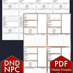 D&D 5e NPC Sheet Printable Fillable Pdf | Dungeon Master Character Tracker Cards | TTRPG DM Tool | Instant Download