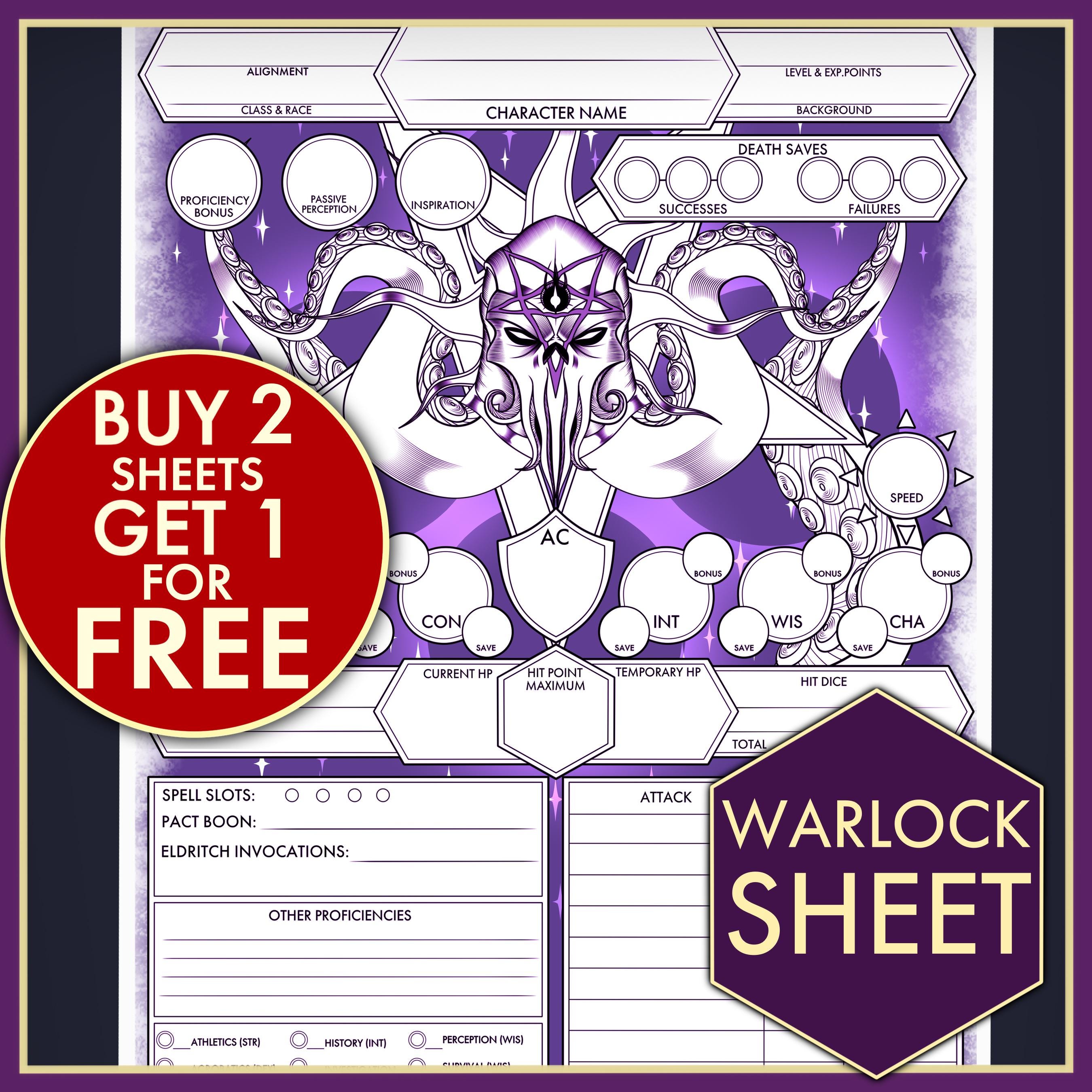 DND 5E Sheet - WARLOCK Character D&D Sheets - PDF for