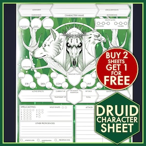May include: A green and black character sheet for a Dungeons and Dragons druid. The sheet features a wolf, a skull, and an eagle. The text "BUY 2 SHEETS GET 1 FOR FREE" is in a red circle in the upper right corner. The text "DRUID CHARACTER SHEET" is in a green hexagon in the lower right corner.