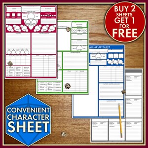 May include: Three printable Dungeons and Dragons character sheets in red, green, and blue. The sheets are designed for a familiar or pet character, a player character, and a general character. The text on the sheets reads "BUY 2 SHEETS GET 1 FOR FREE" and "CONVENIENT CHARACTER SHEET".