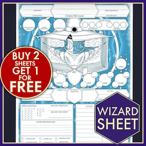 May include: A blue and white character sheet for a wizard, with a wizard illustration in the center. The sheet includes sections for character name, alignment, class and race, level and experience points, background, death saves, proficiency bonus, passive perception, inspiration, armor class, strength, dexterity, constitution, intelligence, wisdom, charisma, current hit points, hit point maximum, temporary hit points, hit dice, spellcasting, arcane tradition, arcane recovery, other proficiencies, and attack. The sheet also includes a buy 2 sheets get 1 free offer.