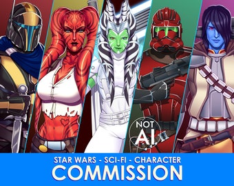 May include: A digital illustration of four Star Wars characters. The characters are a Mandalorian, a Twi'lek, a Togruta, and a human. The characters are all in different poses and are wearing their respective costumes. The image is set against a blue background.