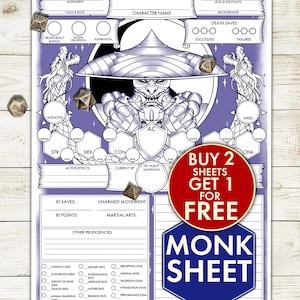DND 5E Character Sheet MONK Class - D&D Sheet afdrukbare pdf voor Dungeons and Dragons