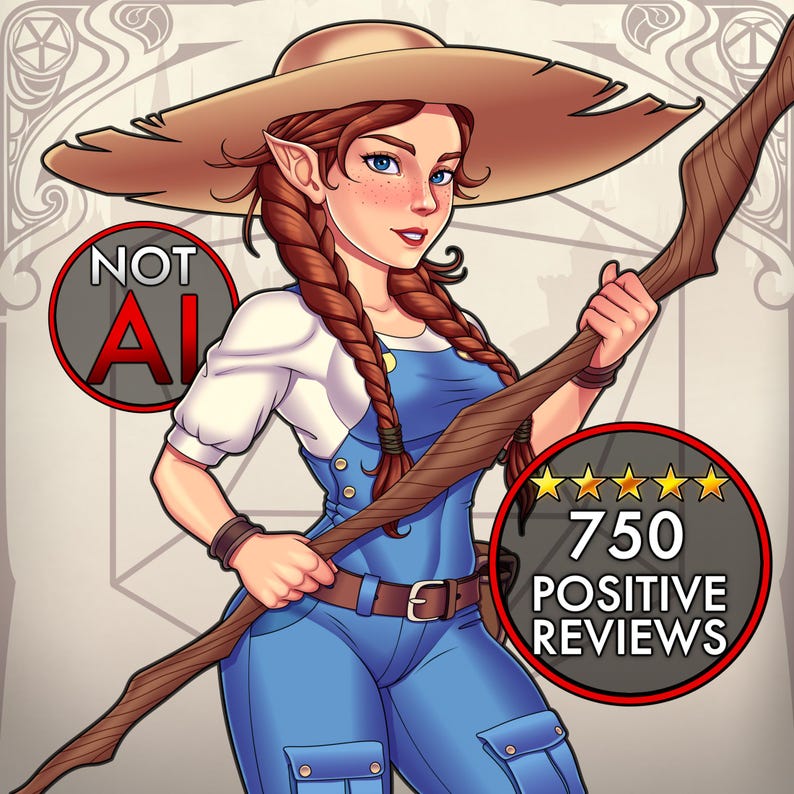 May include: Illustration of a woman with elf-like ears, wearing a straw hat, blue overalls, and a white shirt. She holds a wooden staff. The image includes the text "NOT AI" and "750 POSITIVE REVIEWS" in circular badges.