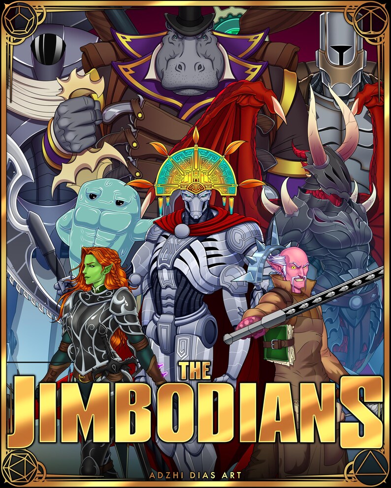 May include: A digital art print featuring a group of stylized characters, including a hippo-like figure in a top hat, a robot with a red cape, and a green-skinned woman. The title "THE JIMBODIANS" is prominently displayed in gold lettering.