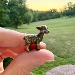 May include: A miniature bronze-toned metal figurine of a young goat or lamb. The small sculpture features a textured surface representing fur, with defined ears, a snout, and four legs standing in a natural pose, captured in a detailed metallic finish.