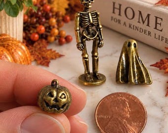 Miniature Brassy Skelton, Ghost and Pumpkin  Trio-   Set of 3
