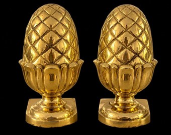 Serre-livres vintage en laiton, motif ananas et artichaut - Paire décorative en métal lourd