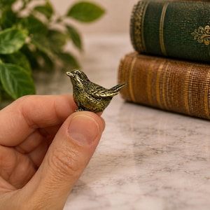 Può includere: Una piccola statuetta di uccello in ottone in stile antico con texture delle piume dettagliate e una finitura dorata scura e vissuta. La scultura in miniatura raffigura un uccello a riposo con le ali ripiegate sul corpo e la testa girata.