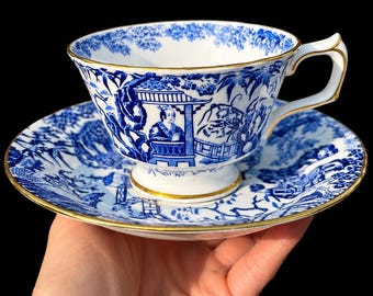 Royal Crown Derby Mikado XLV Blue and White Porcelain Tea Cup & Saucer Set