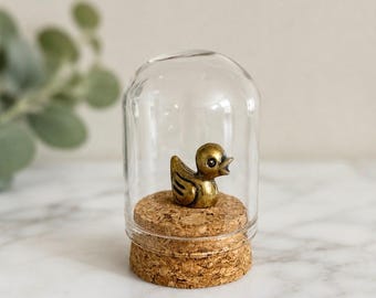 Tiny Brass Duck in Glass Cloche