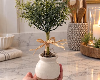 Mini Faux Rosemary Topiary in Stone Pot