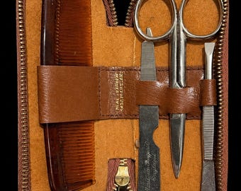 Vintage English Leather Manicure Set Sheffield England Grooming Kit Travel Case