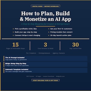 May include: A digital guide titled "How to Plan, Build & Monetize an AI App" with a dark blue background. The guide includes actionable steps, core screens, and a 30-day launch plan. It also features an AI prompt, Stripe setup, and an outreach template.