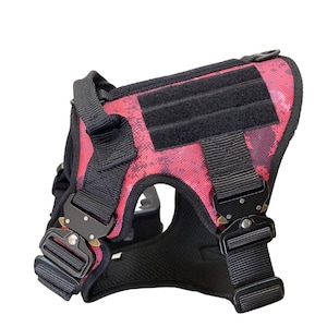 Tactical pink camouflage dog harness vest with 3 metal clips, 4 metal buckles for safety, large strong dogs, walking, training, hiking